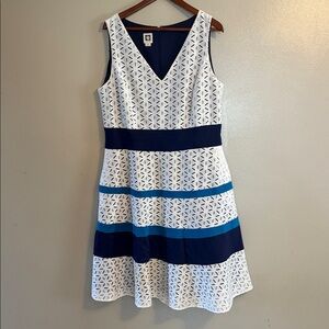 Anne Klein White Eyelet Midi Dress with Navy and Teal Stripes